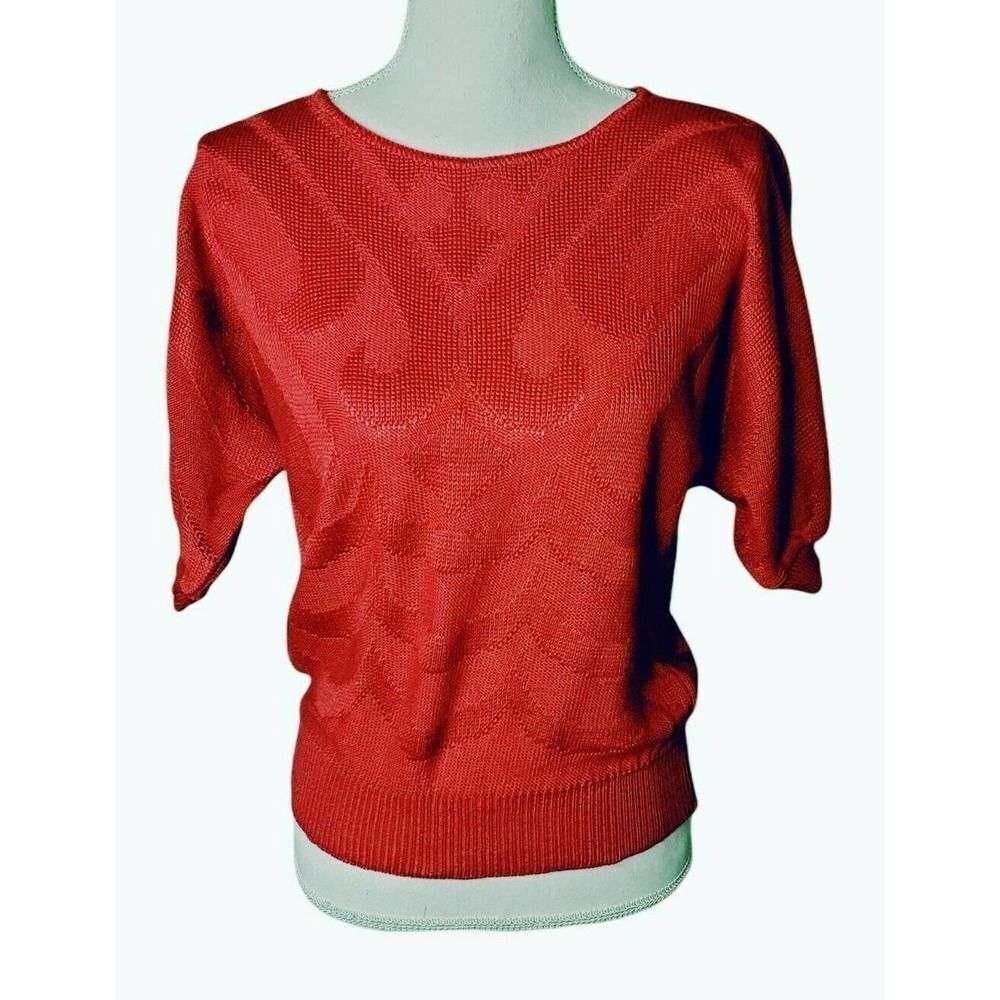 Vintage 90s Herald House Red Textured Knit Short Dolman Sleeve Sweater Sz S